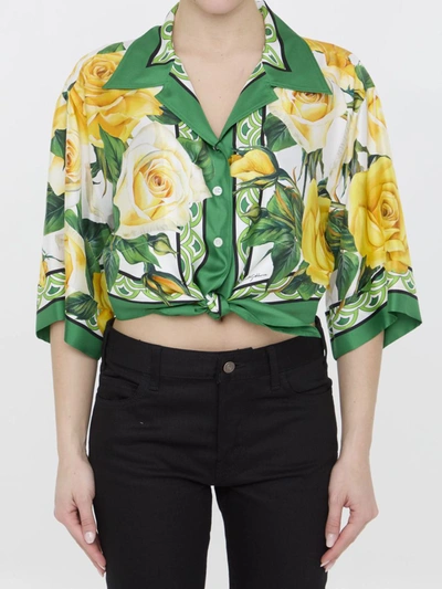 Shop Dolce & Gabbana Rose-print Knotted Shirt In Yellow