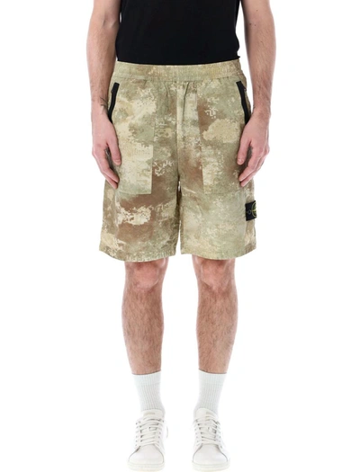 Shop Stone Island Camo Shorts In Beige Camo