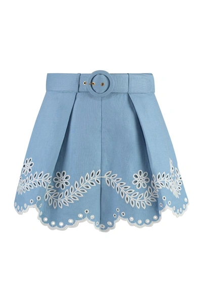 Shop Zimmermann Embroidered Linen Shorts In Blue