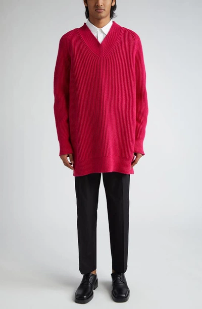 Shop Jil Sander Structured Cotton & Wool Blend V-neck Sweater In Dragon Fruit