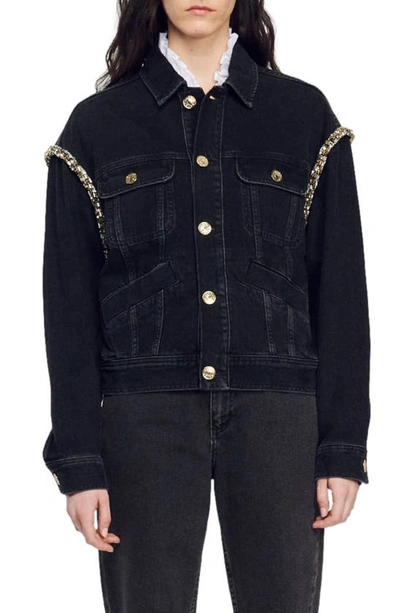 Shop Sandro Paloma Rhinestone Seam Denim Jacket In Black