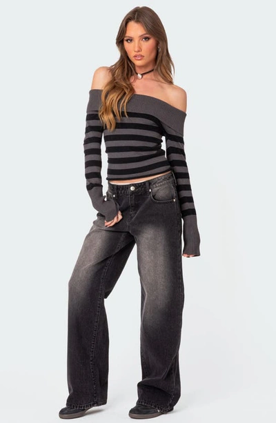 Edikted Women's Melody Fold Over Striped Sweater In Black-and-gray