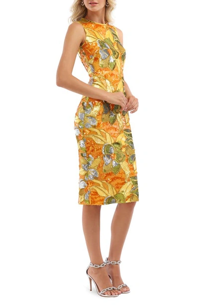 Shop Helsi Alex Floral Sequin Cocktail Sheath Dress In Marigold