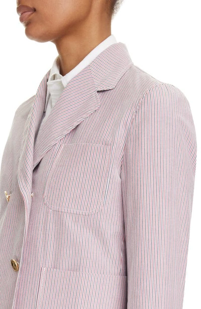 Shop Thom Browne Unconstructed Fit Stripe Crop Double Breasted Blazer In Pink/ White