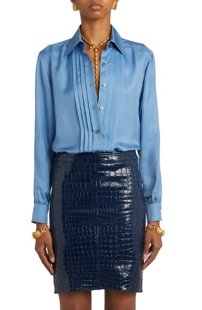 Shop Tom Ford Pleated Twill Button-up Shirt In Stone Blue