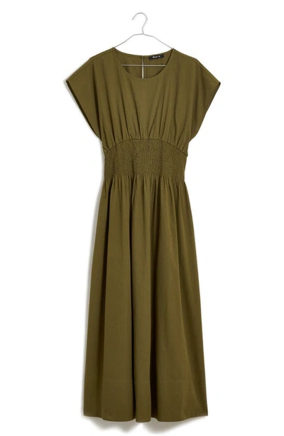 Shop Madewell Stripe Smocked Waist Seersucker Midi Dress In Desert Olive