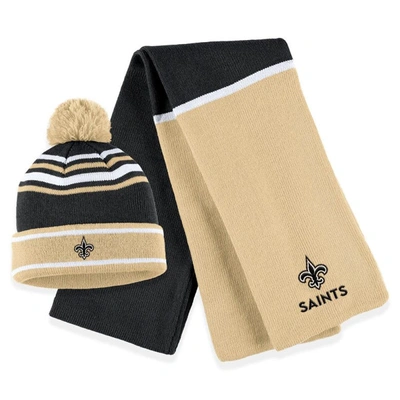 Wear By Erin Andrews Black New Orleans Saints Colorblock Cuffed Knit Hat With Pom And Scarf Set In Black