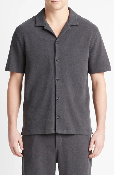 Shop Vince Bouclé Knit Short Sleeve Camp Shirt In Soft Black