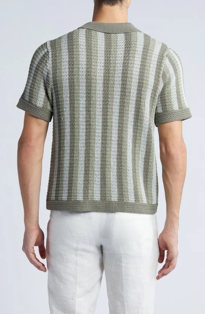 Shop Vince Crochet Stripe Short Sleeve Button-up Cotton Sweater In Dried Cactus Combo