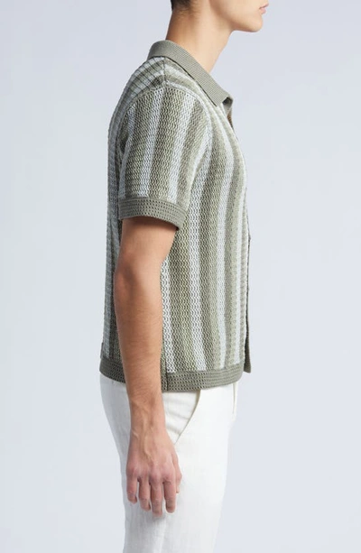 Shop Vince Crochet Stripe Short Sleeve Button-up Cotton Sweater In Dried Cactus Combo