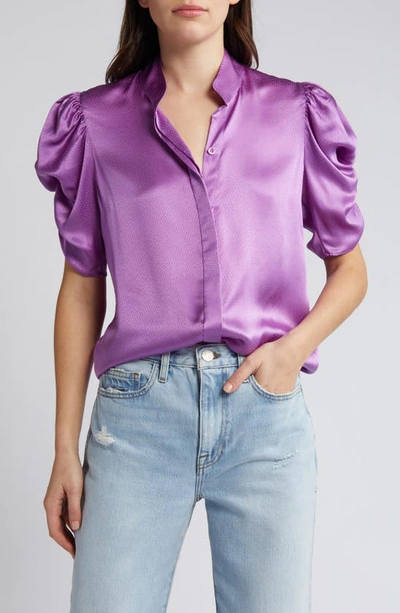 Shop Frame Puff Sleeve Silk Button-up Shirt In Orchid