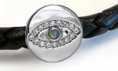 Shop Liza Schwartz Evil Eye Braided Leather Bracelet In Silver/ Black