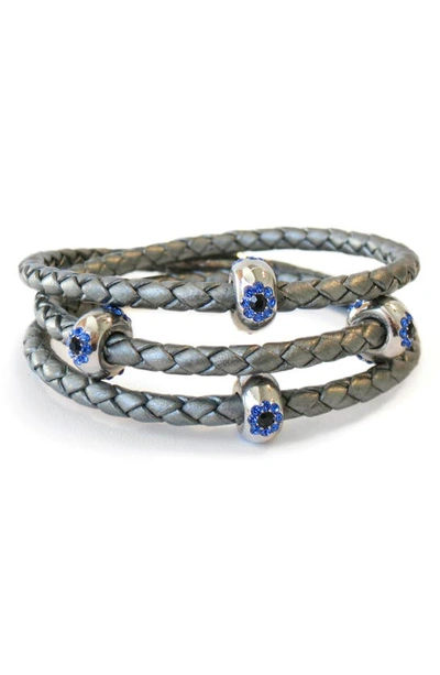 Shop Liza Schwartz Cz Evil Eye Braided Leather Wrap Bracelet In Silver/ Grey