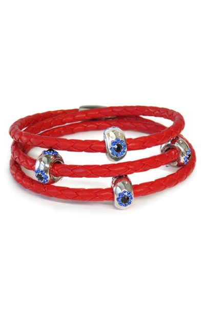 Shop Liza Schwartz Cz Evil Eye Braided Leather Wrap Bracelet In Silver/ Red