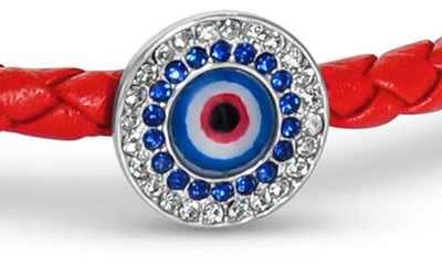 Shop Liza Schwartz Cz Evil Eye Coin Braided Leather Bracelet In Silver/ Red