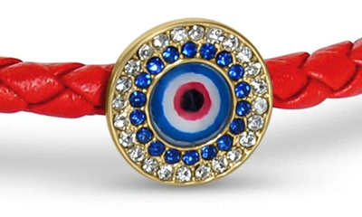 Shop Liza Schwartz Cz Evil Eye Coin Braided Leather Bracelet In Gold/ Red