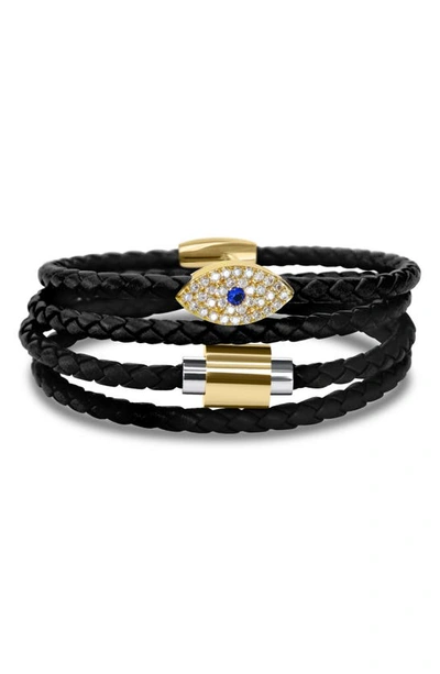 Shop Liza Schwartz Evil Eye Sapphire Stack Braided Leather Bracelet In Gold/ Black