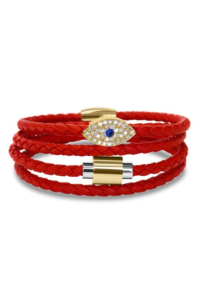 Shop Liza Schwartz Evil Eye Sapphire Stack Braided Leather Bracelet In Gold/ Red