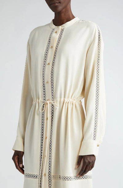 Shop St John St. John Collection Lace Detail Long Sleeve Satin Back Crepe Dress In Ecru