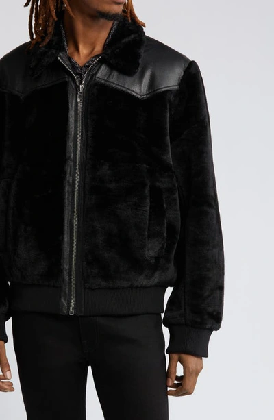 Shop Asos Design Faux Fur & Faux Leather Harrington Jacket In Black