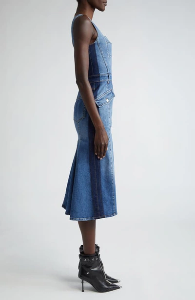 Shop Alexander Mcqueen Pleated Denim Midi Dress In Worn Wash