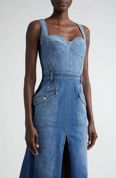 Shop Alexander Mcqueen Pleated Denim Midi Dress In Worn Wash