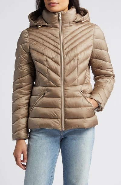 Shop Michael Michael Kors Water Repellent Hooded Packable Puffer Coat In Taupe