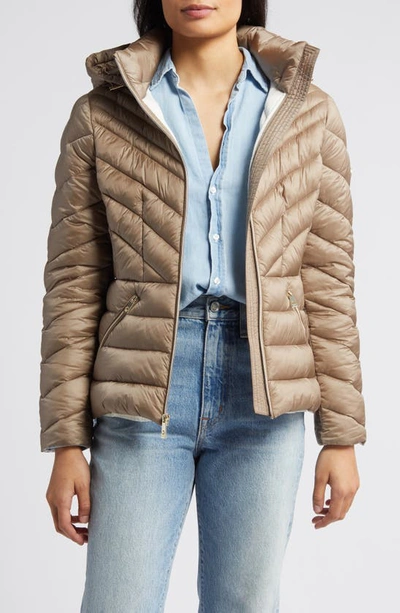 Shop Michael Michael Kors Water Repellent Hooded Packable Puffer Coat In Taupe