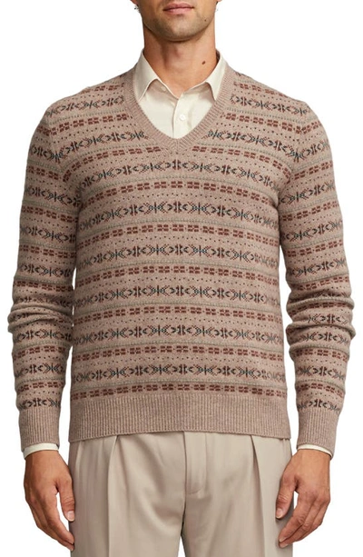 Shop Ralph Lauren Purple Label Fair Isle Cashmere V-neck Sweater In Taupe Multi