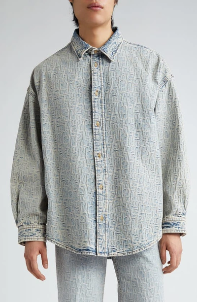 Shop Acne Studios Monogram Cotton Jacquard Button-up Shirt In Blue/ Beige