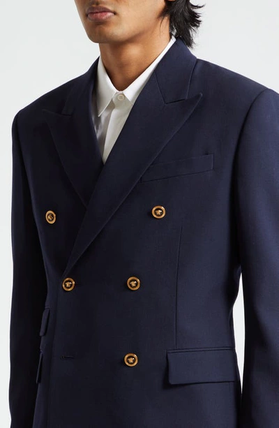 Shop Versace Double Breasted Wool Grain De Poudre Sport Coat In Navy Blue