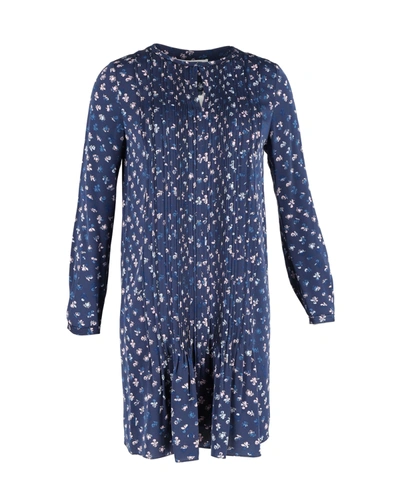 Shop Diane Von Furstenberg Printed Pleated Long-sleeve Dress In Navy Blue Silk
