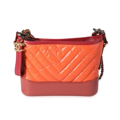 Pre-owned Chanel Orange & Red Aged Calfskin Chevron Quilted Small Gabrielle Hobo