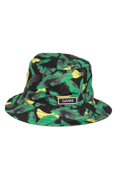 Shop Ganni Recycled Polyester Bucket Hat In Banana Tree Black