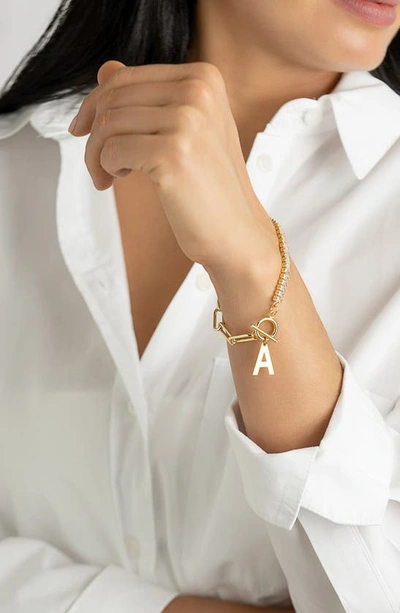 Adornia 14k Gold-plated Half Crystal And Half Paperclip Initial Toggle Bracelet In Gold-a
