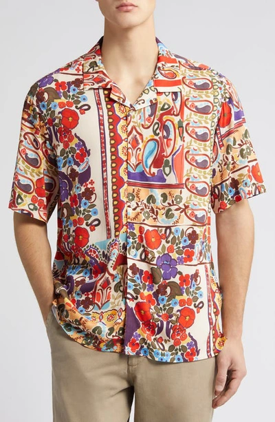 Shop Wax London Didcot Abstract Tile Short Sleeve Button-up Shirt In Red Multi