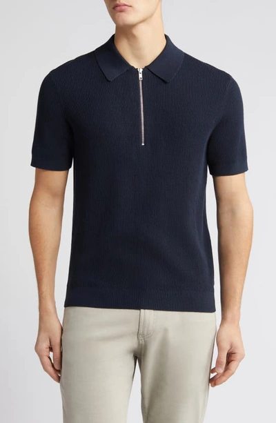 Shop Nn07 Hansie Zip Ribbed Organic Cotton Sweater Polo In Navy Blue