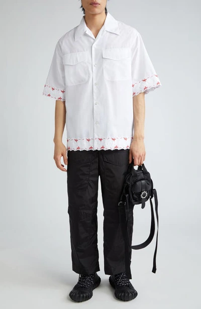 Shop Simone Rocha Bow Embroidered Lace Trim Cotton Poplin Camp Shirt In White/ White/ Red
