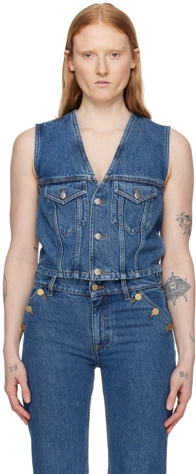 Shop Filippa K Blue Fitted Denim Vest In 56 Washed Mid Blue