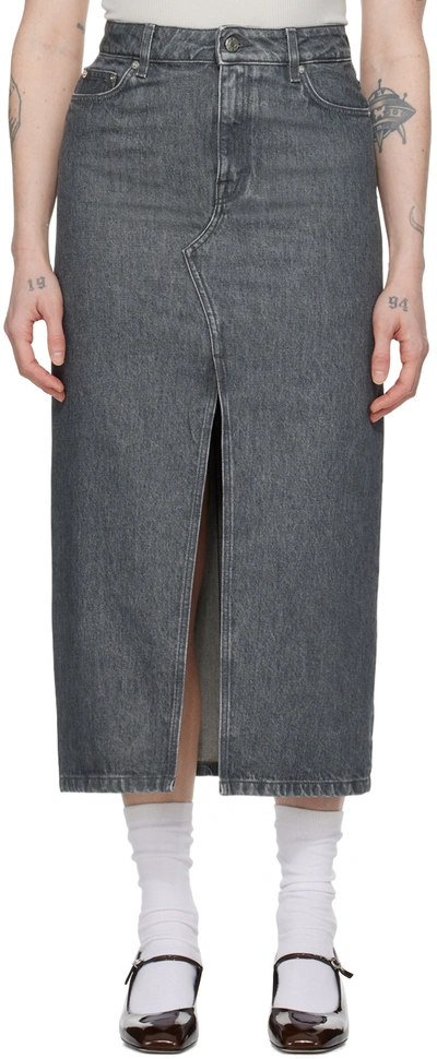 Shop Filippa K Gray Long Slit Denim Maxi Skirt In 55 Mid Grey Wash