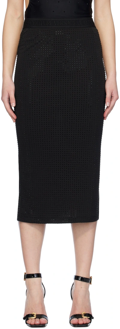 Versace Jeans Couture Black Midi Skirt With Logo Waistband In E899 Black
