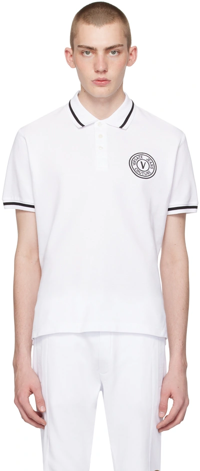 Shop Versace Jeans Couture White Embroidered Polo In E003 White