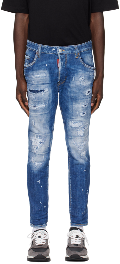 Shop Dsquared2 Indigo Mended Skater Jeans In 470 Navy Blue