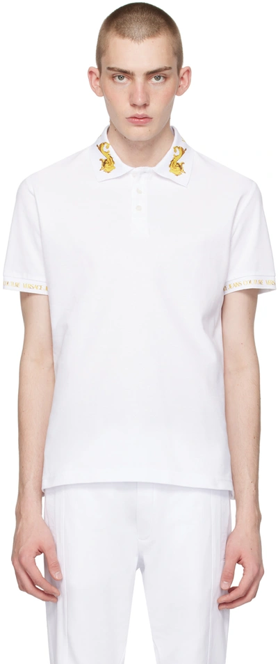 Shop Versace Jeans Couture White Print Polo In Eg03 White/gold