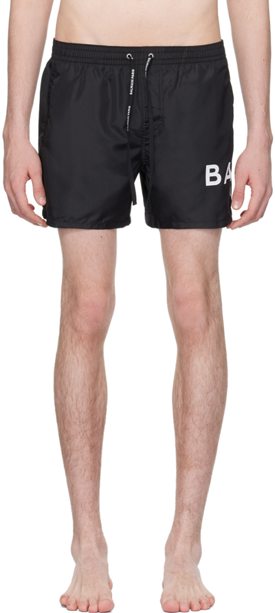 Shop Balmain Black Printed Swim Shorts In 010 Black/white