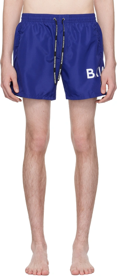 Shop Balmain Blue Printed Swim Shorts In 419 Blue/white