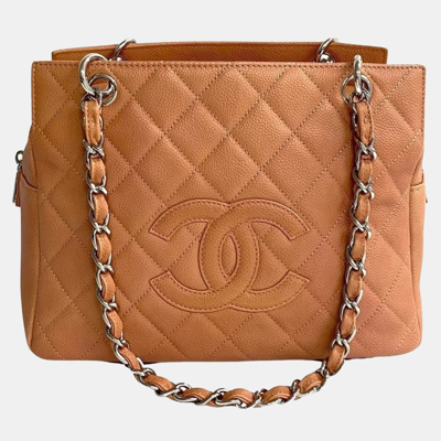 Pre-owned Chanel Orange Quilted Patent Leather Petite Timeless Shopper Tote
