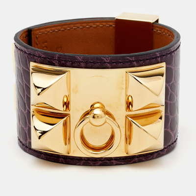 Pre-owned Hermes Collier De Chien Alligator Leather Gold Plated Bracelet In Purple