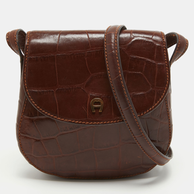 Pre-owned Aigner Dark Brown Croc Embossed Leather Logo Flap Crossbody Bag