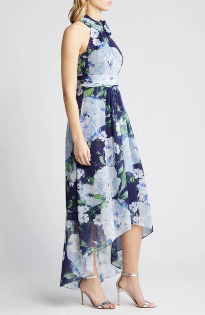 Shop Eliza J Floral Chiffon High-low Midi Dress In Navy